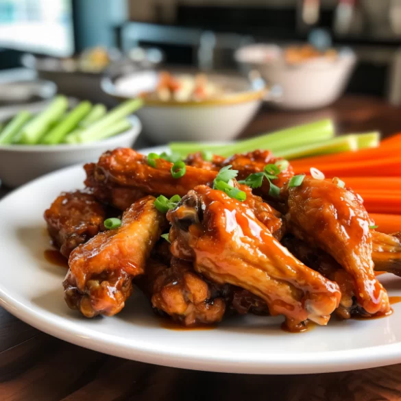 Zing in Every Bite: A Close-Up of Asian Zing Wings A plate of Buffalo Wild Wings' Asian Zing wings, generously coated in a glossy, reddish-orange sauce, garnished with sesame seeds and green onions, and served with celery sticks on the side. A plate of Buffalo Wild Wings' Asian Zing wings, generously coated in a glossy, reddish-orange sauce, garnished with sesame seeds and green onions, and served with celery sticks on the side.