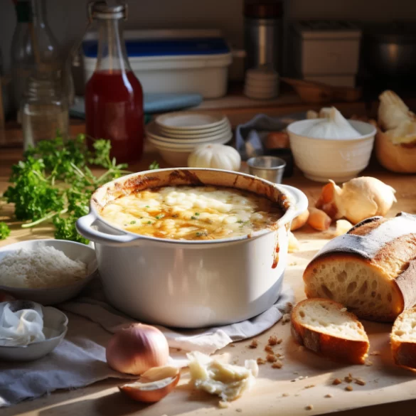 A cozy bowl of homemade French Onion Soup garnished with melted cheese, representing a home-cooked version of the classic Applebee's dish, with a background of kitchen warmth suggesting a fun and loving cooking experience.