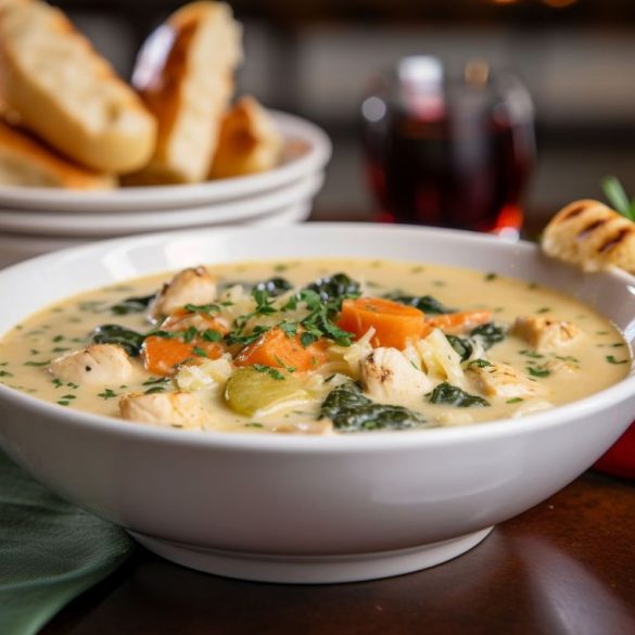 A bowl of Olive Garden's Chicken and Gnocchi Soup, featuring a creamy broth filled with tender, diced chicken, soft potato gnocchi, and finely chopped spinach.