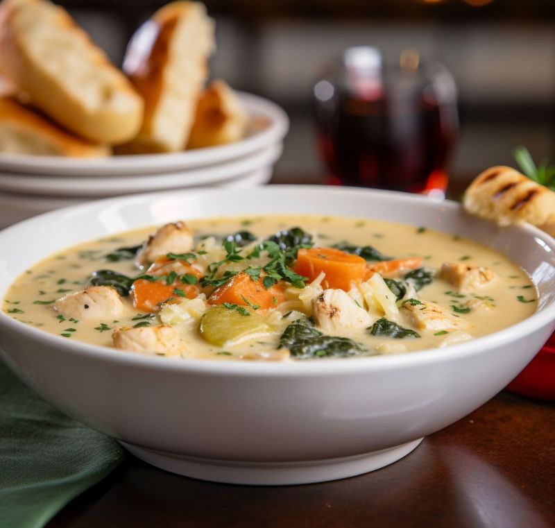 A bowl of Olive Garden's Chicken and Gnocchi Soup, featuring a creamy broth filled with tender, diced chicken, soft potato gnocchi, and finely chopped spinach.