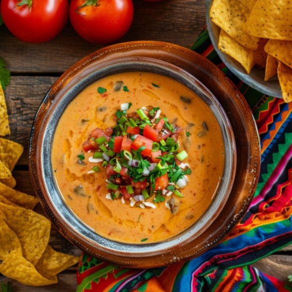 BWW Queso Square A vibrant bowl of queso dip topped with diced tomatoes, green onions, and cilantro, served with tortilla chips on the side, all placed on a wooden surface with a colorful woven cloth underneath. Two whole tomatoes are also visible in the background.
