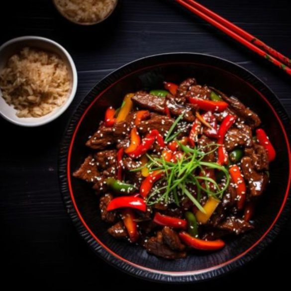 Home-cooked P.F. Chang's style pepper steak on a black plate, garnished with green onions and sesame seeds, ready to be enjoyed.