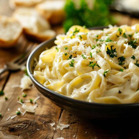 A cozy plate of Olive Garden's Fettuccine Alfredo, where each strand of pasta is lovingly coated in that creamy, dreamy sauce, topped with a sprinkle of parsley that's just like a little green hug for your meal.