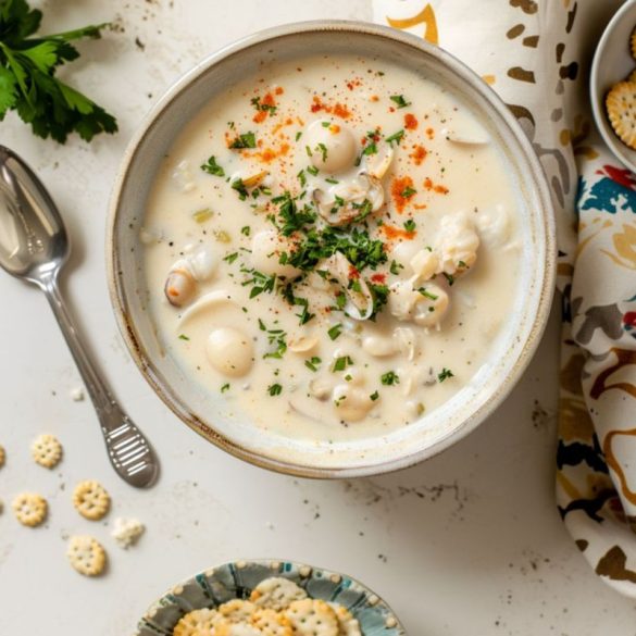 A steaming bowl of Red Lobster's New England Clam Chowder, garnished with fresh parsley and a side of oyster crackers, ready to warm your soul.