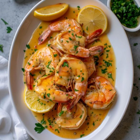 A homemade version of Red Lobster's Shrimp Scampi, featuring succulent shrimp glistening in a garlic-butter sauce, garnished with fresh herbs, on a rustic white plate, ready to rival the restaurant's beloved dish.