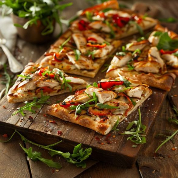 A close-up of Seasons 52's Garlic and Pesto Chicken Flatbread, showcasing the vibrant green pesto, golden-brown crispy crust, and succulent chicken pieces