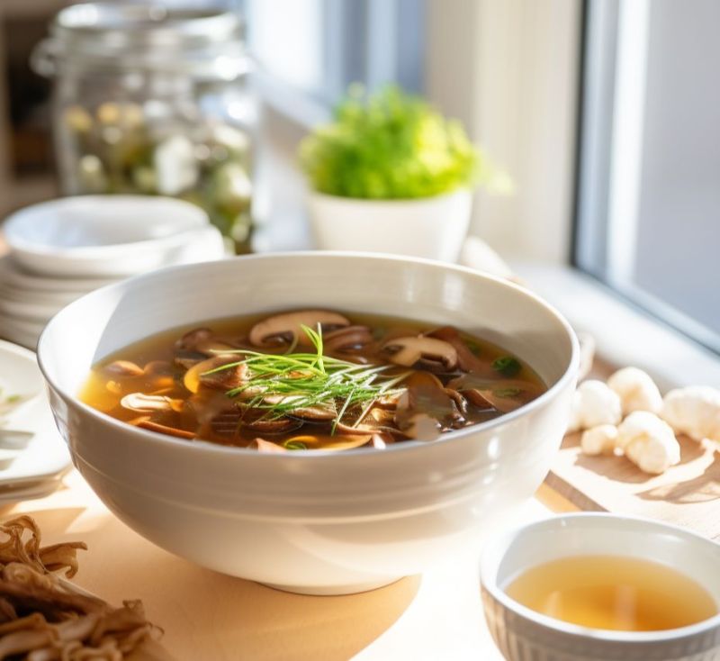 Bowl of Benihana-style onion soup with thinly sliced mushrooms and fried onions on top, served in a traditional ceramic bowl.