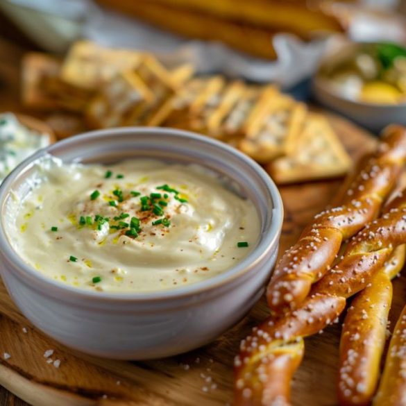 DIY Applebee’s-Inspired Blue Moon Beer Cheese Dip Feast A bowl of creamy, rich Blue Moon beer cheese dip, garnished with chopped chives and served alongside a plate of crisp tortilla chips, pretzel bites, and fresh carrot sticks, ready for dipping.