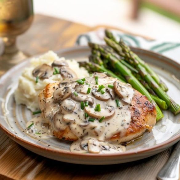 Cheesecake Factory Chicken Madeira Recipe A plate of comfort food sitting cozily on a rustic wooden table, featuring a golden-brown, pan-seared chicken breast smothered in a creamy mushroom sauce. On the side, there's a heap of fluffy mashed potatoes and a bundle of tender, green asparagus spears. The meal is paired with a chilled glass of white wine, promising a delightful dining experience.