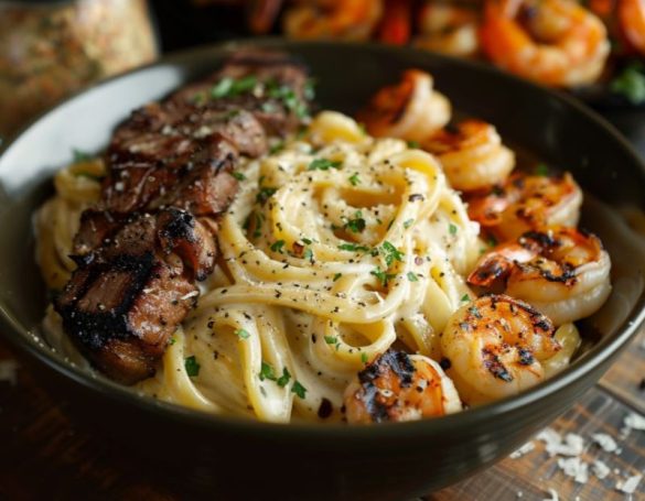 A succulent dish of Outback Steakhouse's Kingsland Pasta featuring grilled sirloin steak slices and shrimp on creamy Alfredo fettuccine.