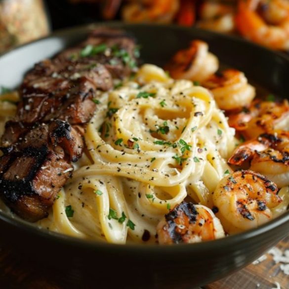 A succulent dish of Outback Steakhouse's Kingsland Pasta featuring grilled sirloin steak slices and shrimp on creamy Alfredo fettuccine.