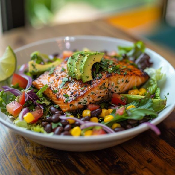 A vibrant and colorful Salmon Tostada Salad is presented on a white plate, featuring a generously sized, grilled piece of salmon with grill marks visible, sitting atop a bed of mixed greens. The salad is garnished with slices of ripe avocado, diced tomatoes, a sprinkle of sweet corn, and black beans, adding a medley of fresh colors and textures. A wedge of lime sits to the side, ready to add a zesty squeeze of brightness.