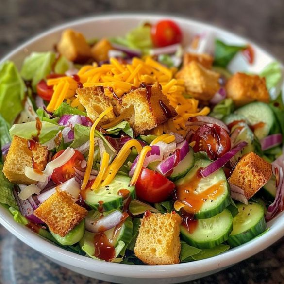 A vibrant Outback Steakhouse house salad with fresh lettuce, cherry tomatoes, cucumbers, shredded cheese, red onions, and croutons, drizzled with tangy tomato dressing in a white bowl.