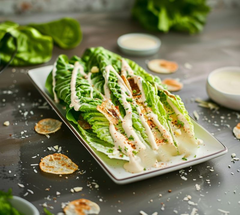 Plated Tavern on the Green Caesar salad featuring crisp romaine leaves drizzled with creamy dressing, garnished with croutons and grated cheese, on a sleek white dish with a rustic tabletop setting.
