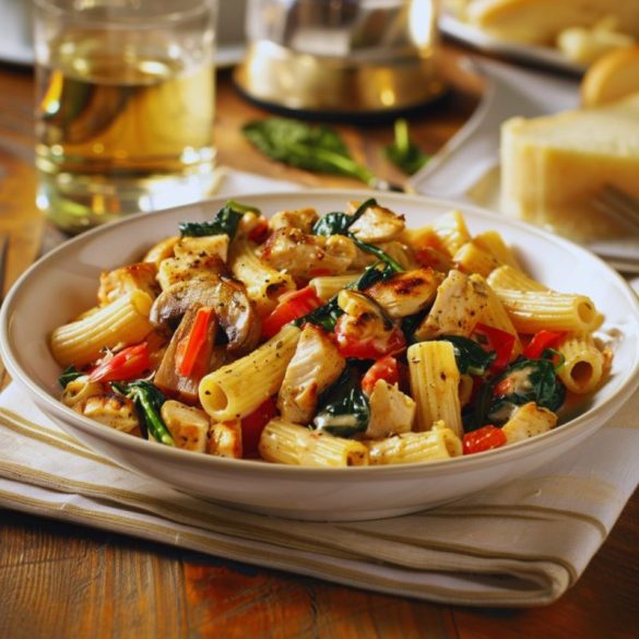 Brio Italian Grill’s Pasta Brio The dish features rigatoni pasta mixed with slices of grilled chicken, sautéed mushrooms, fresh spinach, and red bell peppers, all coated in a light, creamy sauce. The setting includes a rustic wooden table, and in the background, there's a glass of white wine and a slice of bread, creating a cozy, inviting dining atmosphere.