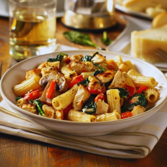 The dish features rigatoni pasta mixed with slices of grilled chicken, sautéed mushrooms, fresh spinach, and red bell peppers, all coated in a light, creamy sauce. The setting includes a rustic wooden table, and in the background, there's a glass of white wine and a slice of bread, creating a cozy, inviting dining atmosphere.