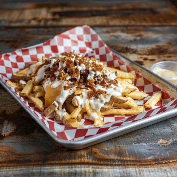 A basket of Animal Style fries from In-N-Out, featuring a heap of crispy French fries topped with melted cheese, caramelized onions, and a drizzle of creamy sauce, served in a red and white checkered paper tray.