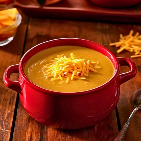 How to make Outback Steakhouse Walkabout Onion Soup 2 A red soup bowl filled with creamy golden onion soup, topped with a generous sprinkle of shredded cheddar cheese. The bowl is set on a rustic wooden table, with extra shredded cheese and a spoon visible in the background.