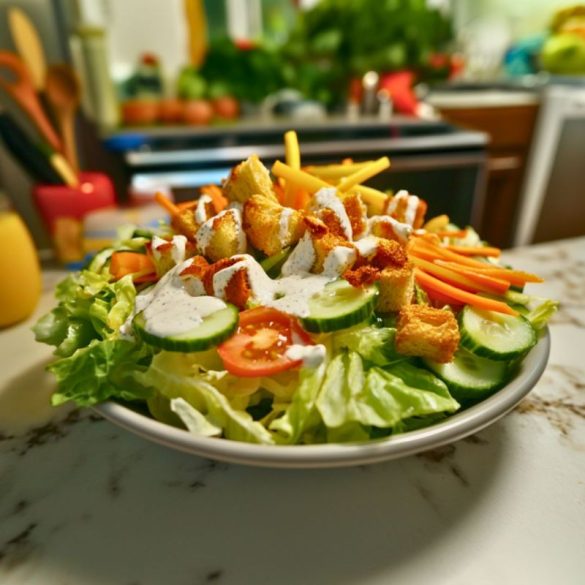 How to make Restaurant style Ranch Dressing 2 A fresh salad loaded with lettuce, cucumbers, cherry tomatoes, carrots, shredded cheese, croutons, and drizzled with creamy ranch dressing