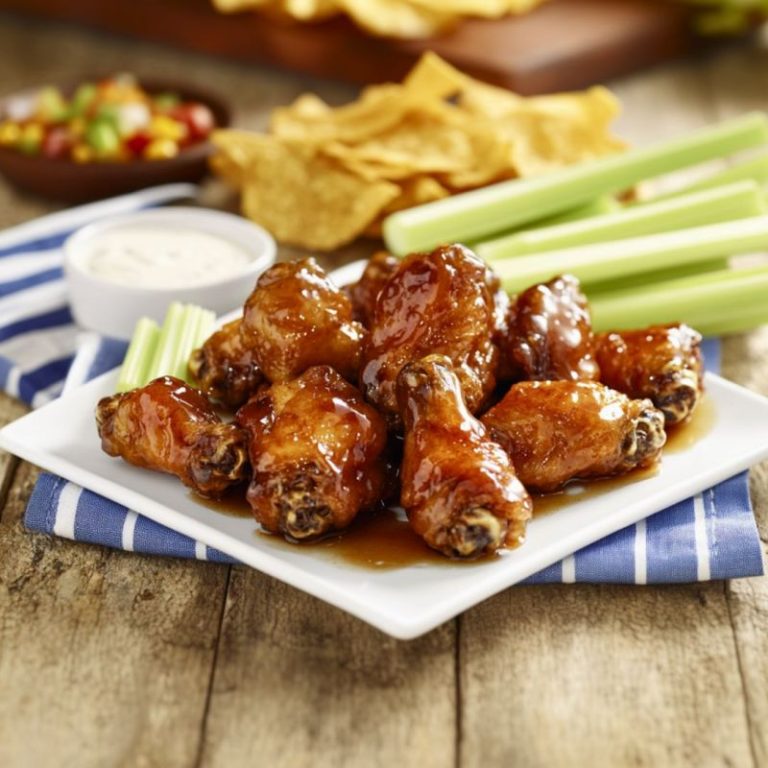 Plate of crispy hot honey chicken wings drizzled with a sticky glaze, served with fresh celery sticks, ranch dip, and tortilla chips in the background on a rustic wooden table. Perfect for game day or a delicious appetizer. #HotHoneyWings #GameDayFood