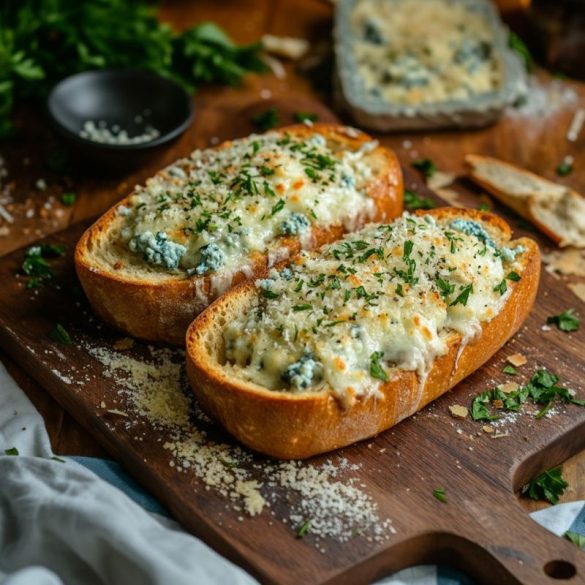 How to make Bubble Bread from The Bubble Room. sq2 Golden brown Bubble Room Bubble Bread topped with melted cheese, herbs, and blue cheese crumbles on a toasted slice of Italian bread.