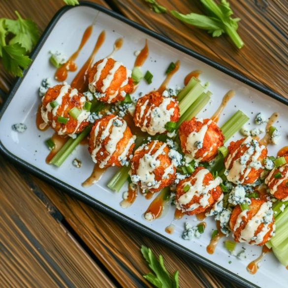How to make California Pizza Kitchen Spicy Buffalo Caulifower bites CPK IG Close-up of crispy buffalo cauliflower bites arranged on a rectangular white plate, drizzled with creamy ranch dressing and garnished with blue cheese crumbles, chopped scallions, and served over celery sticks on a rustic wooden table.