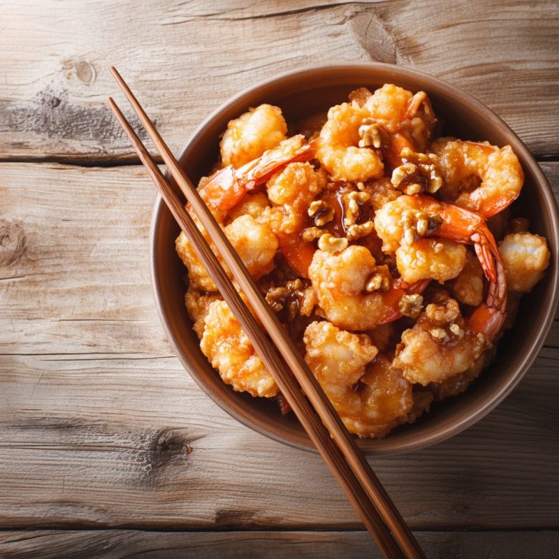 Overhead view of a bowl of honey walnut shrimp on a rustic wooden table, featuring crispy golden shrimp coated in a sweet honey glaze and topped with candied walnuts. A pair of wooden chopsticks rests across the bowl.