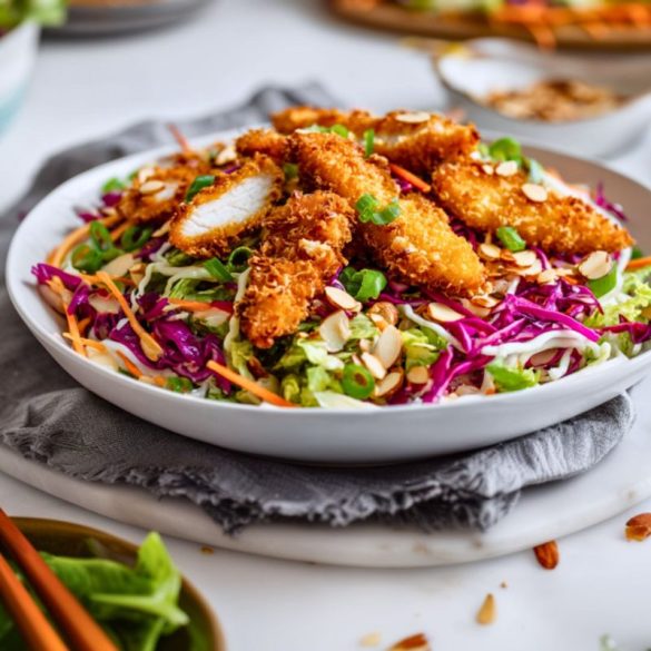 How to make Applebee’s Oriental Asian Chicken Salad. sq Applebee’s Oriental Chicken Salad recipe with crispy chicken, colorful cabbage slaw, and sliced almonds served in a white bowl