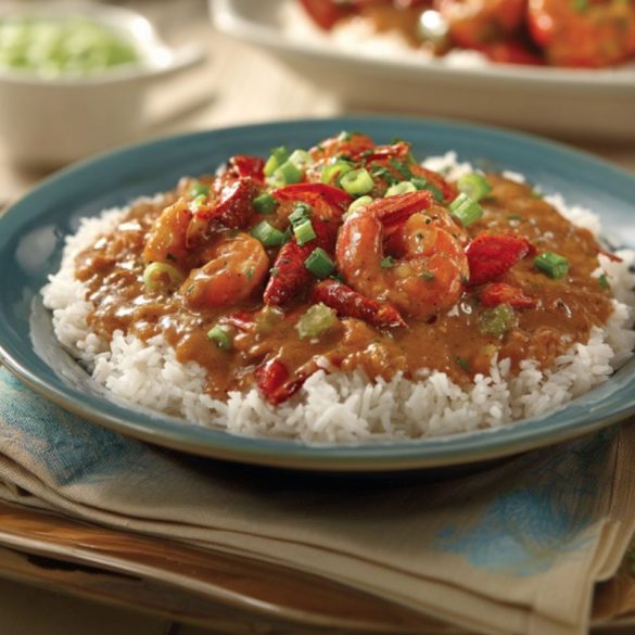A hearty serving of Pappadeaux-style crawfish étouffée with crawfish tails and shrimp in a rich brown gravy over white rice, garnished with scallions and parsley.