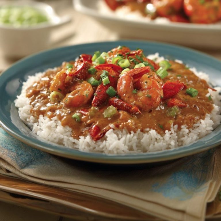 A hearty serving of Pappadeaux-style crawfish étouffée with crawfish tails and shrimp in a rich brown gravy over white rice, garnished with scallions and parsley.