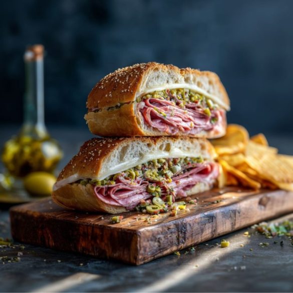 How to make the Muffaletta Sandwich from New Orleans Central Grocery 3 A stacked Central Grocery–style muffuletta sandwich on a wooden board, showing layers of salami, mortadella, ham, provolone, mozzarella, and a vibrant olive salad spilling from a sesame loaf, served with potato chips and a bottle of olive oil in the background.