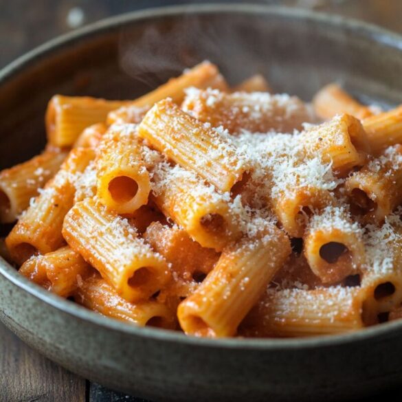 Carbone spicy rigatoni vodka pasta in a bowl with creamy orange vodka sauce and parmesan