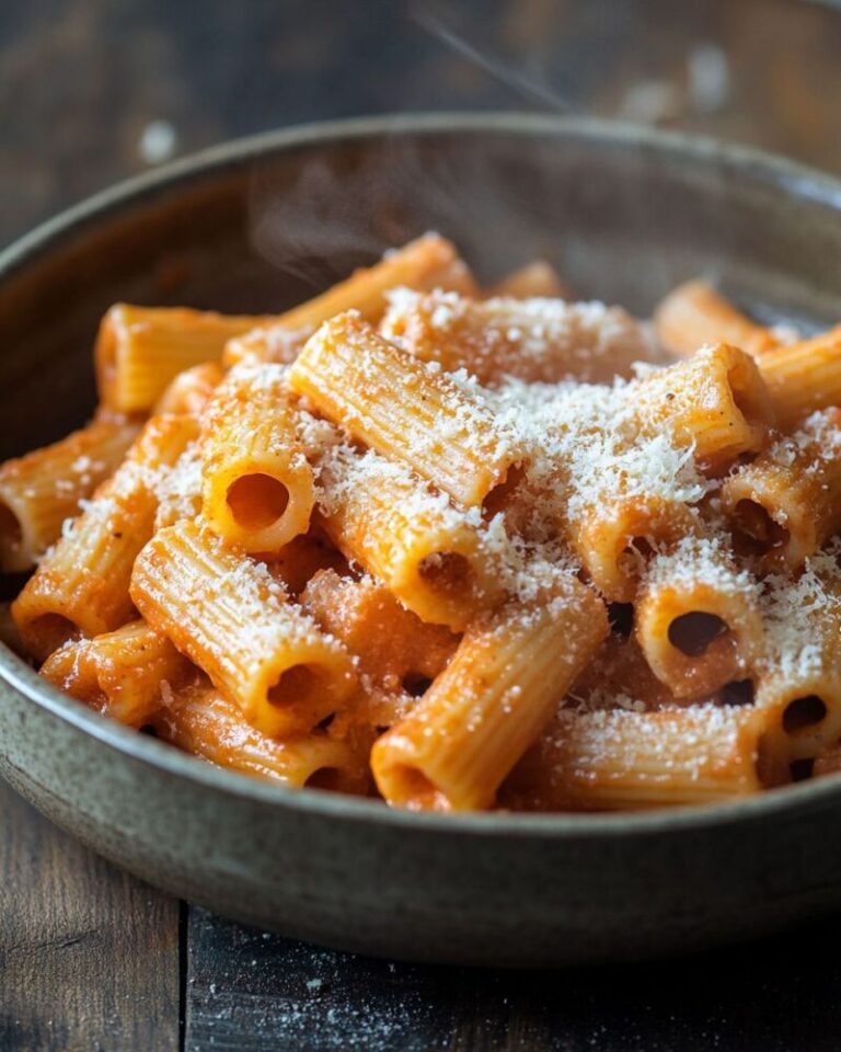 Carbone spicy rigatoni vodka pasta in a bowl with creamy orange vodka sauce and parmesan